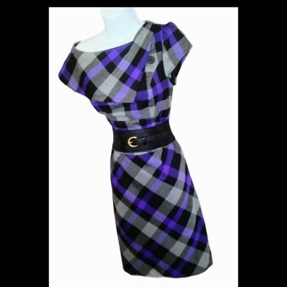 Purple&gray plaid belted vintage dress